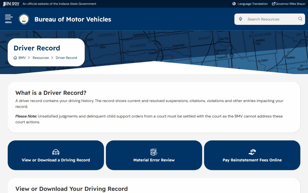Grant County traffic court records Indiana BMV driver record source